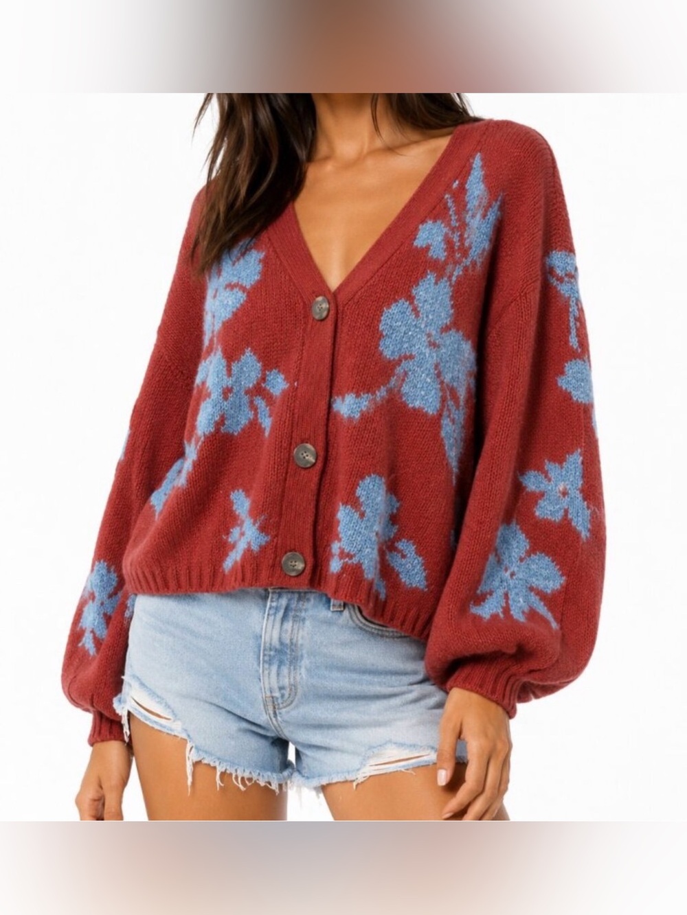 Sundance wool blend cardigan red floral leaf ballon sleeve cardigan